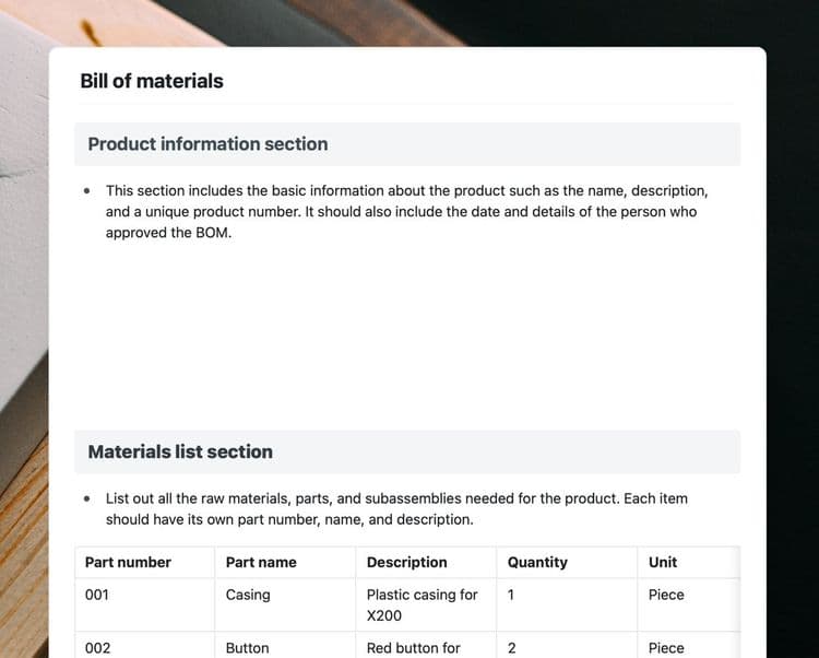 Bill of materials template in Craft.