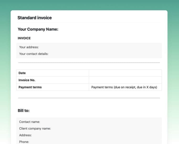 standard invoice template in craft 