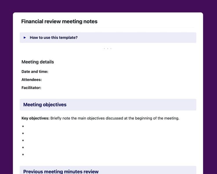 Financial review meeting notes template in Craft.