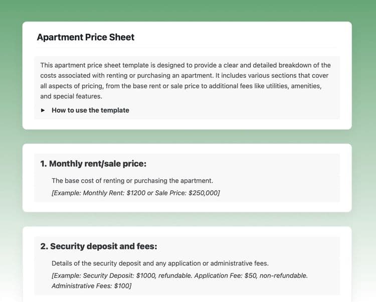 Craft Free Template: Apartment price sheet in craft