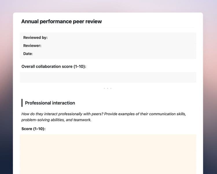 Craft Free Template: Annual performance peer review template in Craft showing the overview and professional interaction sections.