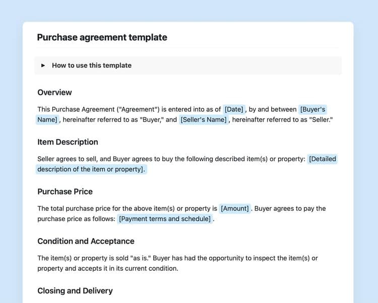 Purchase agreement template in Craft showing instructions.