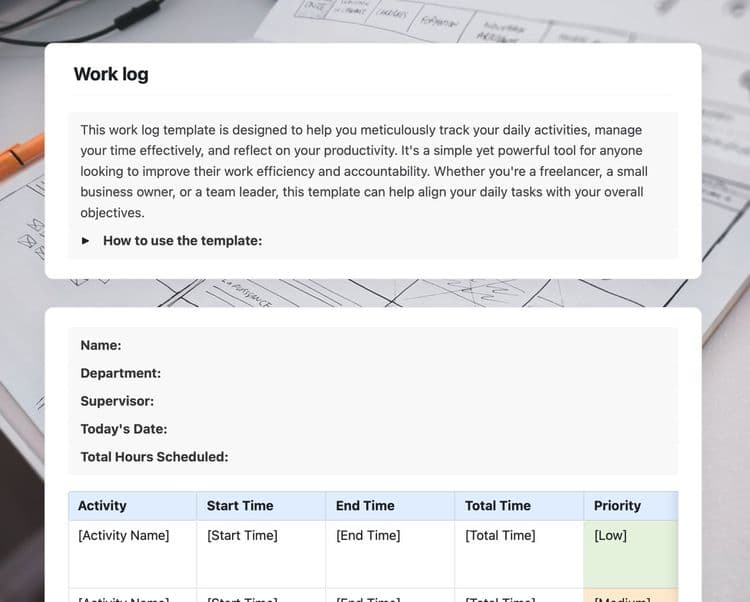 Craft Free Template: work log in craft