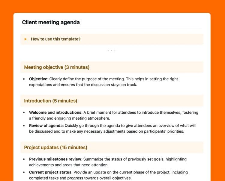 Client meeting agenda template in Craft showing instructions.