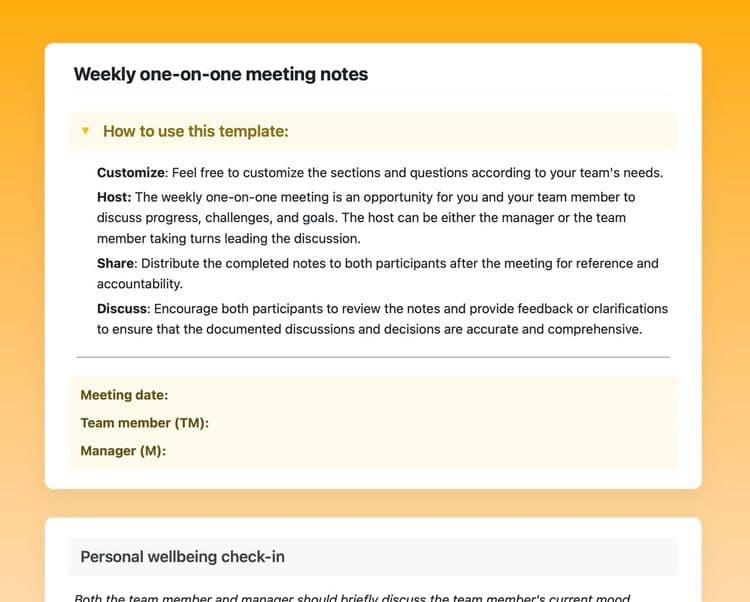 Weekly one-on-one meeting notes in Craft showing instructions to use the template and the “personal wellbeing check-in” section.