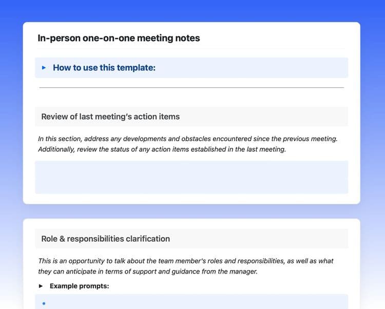 In-person one-on-one meeting notes in Craft showing instructions, and the first two sections.