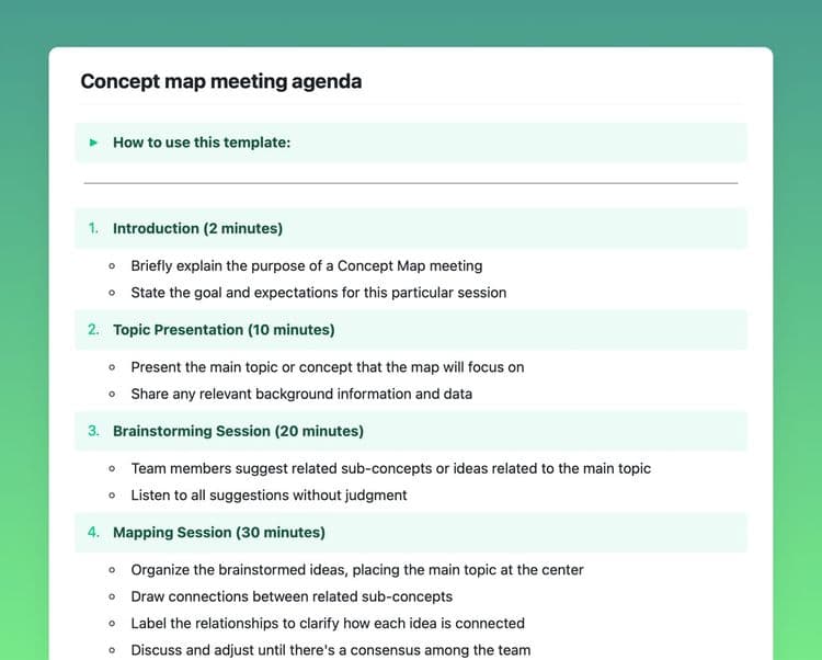 Craft Free Template: Concept Map meeting agenda template in Craft showing instructions, opening, and mapping session.