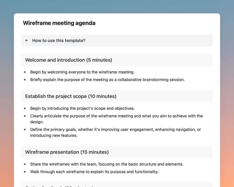 Craft Free Template: Wireframe meeting agenda template in Craft showing instructions, welcome, establish the project scope, and wireframe presentation sections.