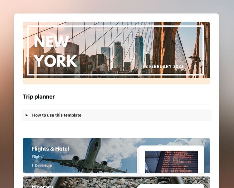 Craft Free Template: Trip planner template in Craft showing instructions, and flights&hotel sections.