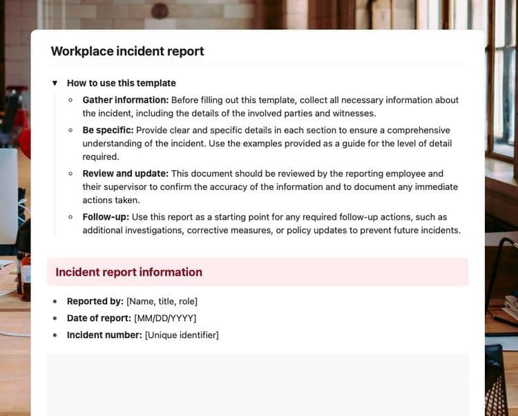 Work place incident report in Craft