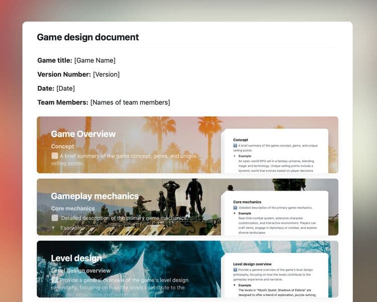 Game design document template in Craft showing project overview and top sections.