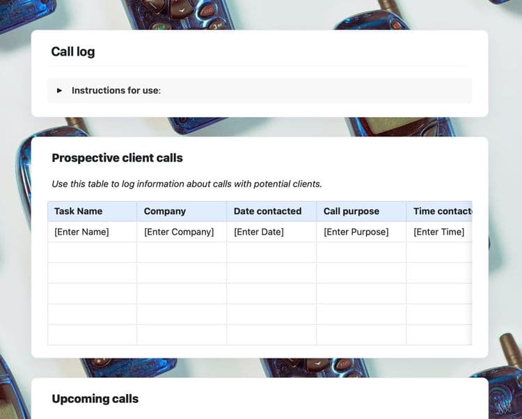 Call log template in Craft showing instructions and prospective client calls.