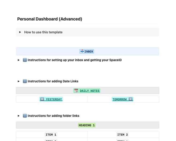 Screenshot of a personal dashboard template