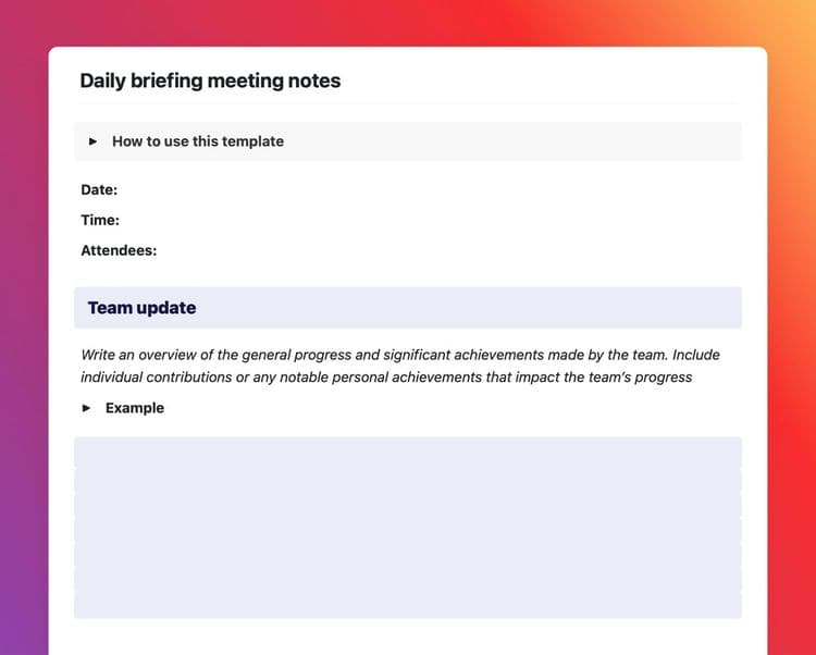 Daily briefing meeting notes template showing instructions and the team update section.