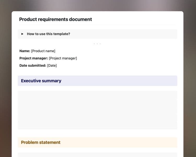 Craft Free Template: Product requirements template in Craft showing instructions, the executive summary and the problem statement sections.