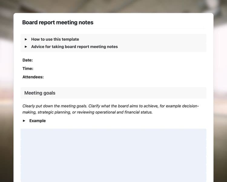 Board report meeting notes template showing tips and instructions, and the meeting goals section with examples.