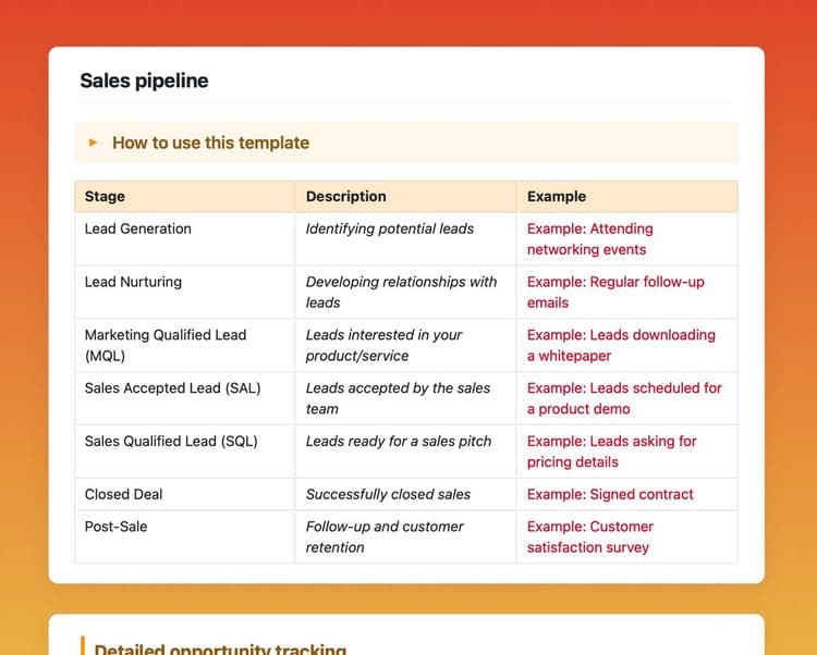 Sales pipeline template in craft 