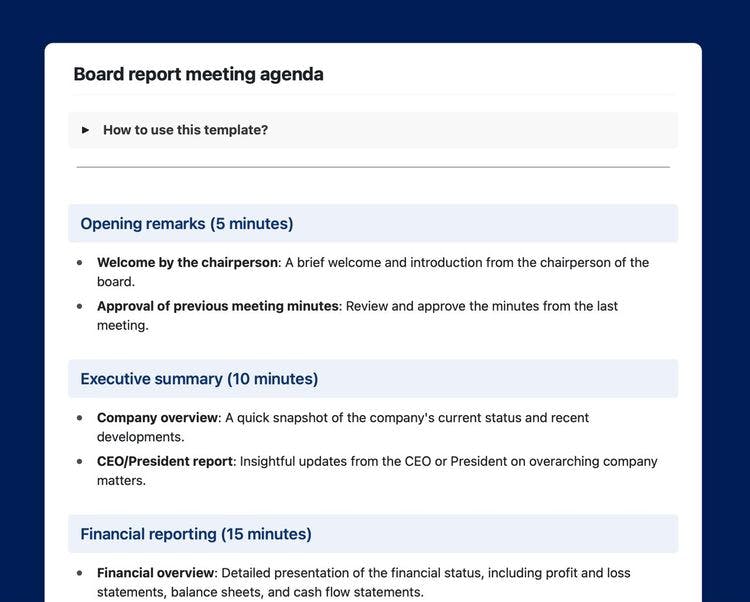 Craft Free Template: Board report meeting agenda template in Craft.