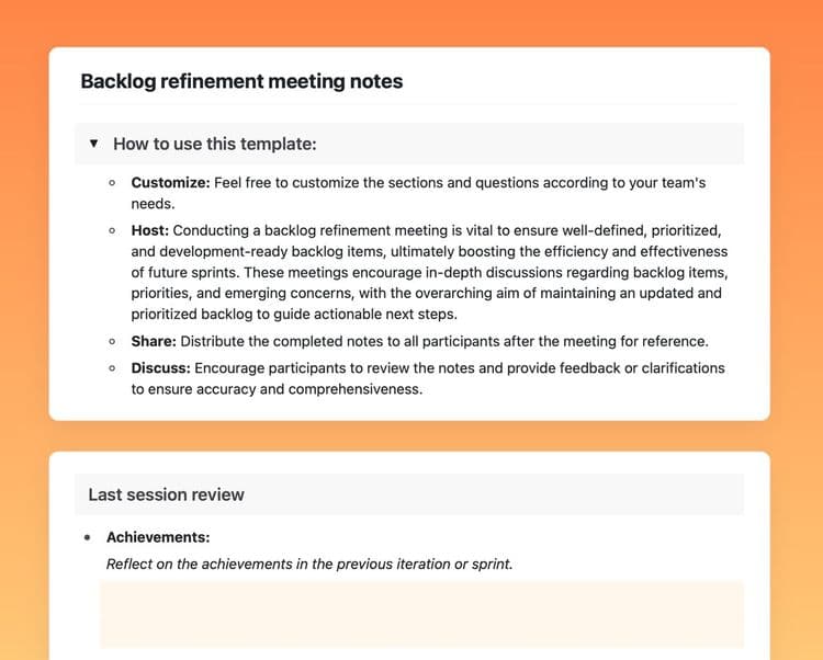 Backlog refinement meeting notes in Craft showing instructions to use the template and the “Last session review” section.