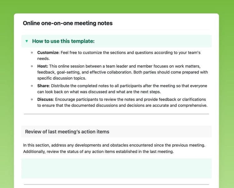 Online one-on-one meeting notes in Craft showing instructions to use the template and the “Review of last meeting’s action items” section.