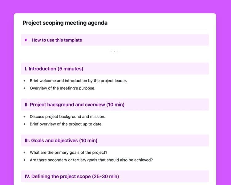 Project scoping meeting agenda template in Craft.