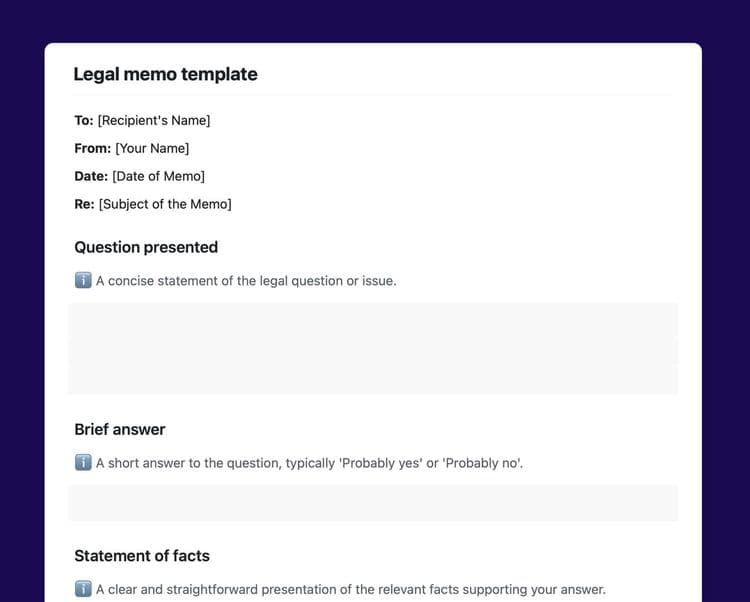 Craft Free Template: Legal memo template in Craft showing customizable sections.