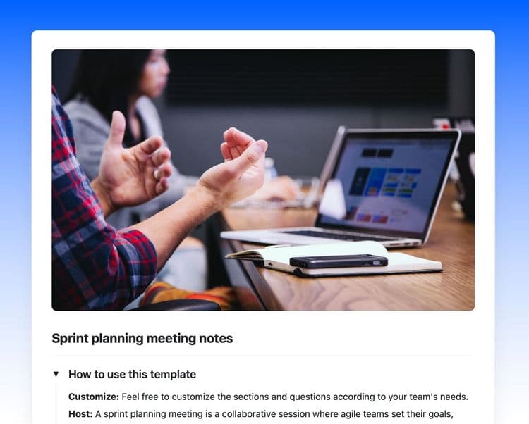 Sprint planning meeting notes in Craft showing an image of a person at a meeting with their laptop and notebook out, and instructions.