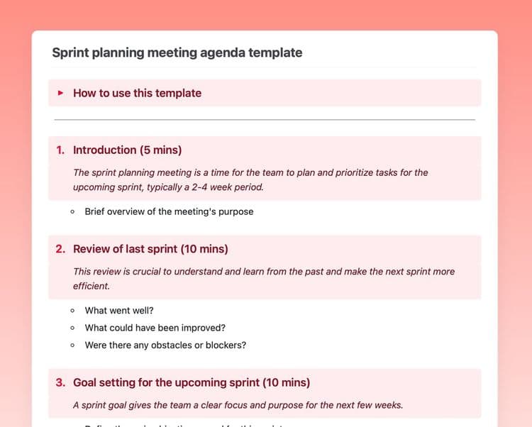 Sprint planning meeting agenda template in Craft showing instructions and introduction, review of last sprint, and goal-setting sections.