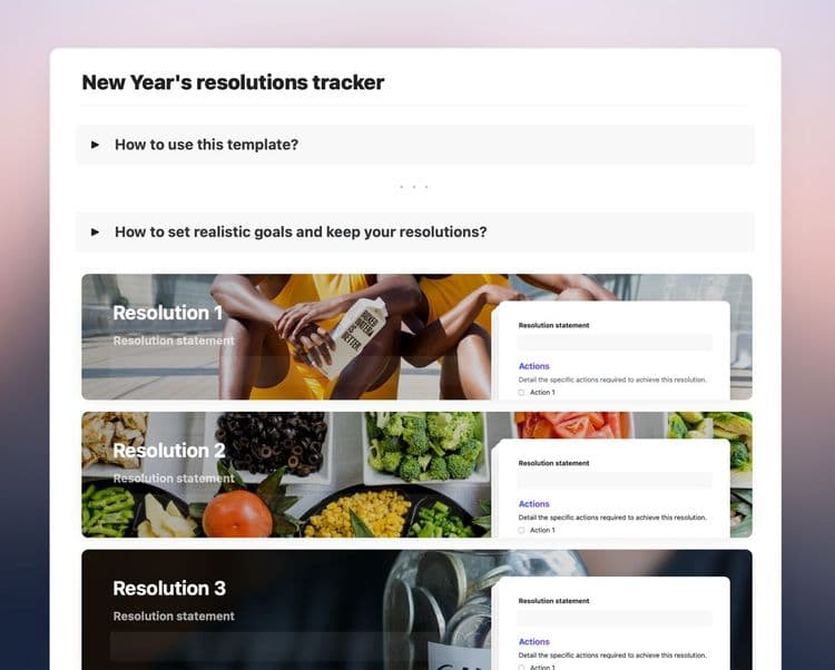 New Year's resolutions tracker template in Craft showing instructions and cards for three resolutions.