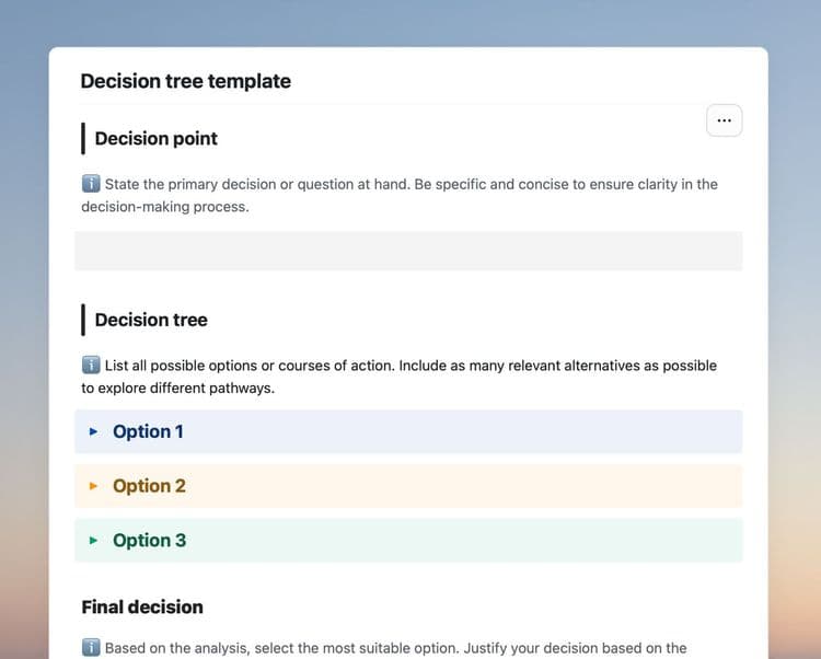 Decision tree template in Craft showing instructions the decision tree.