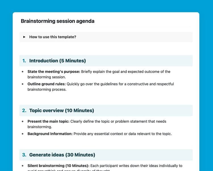 Craft Free Template: Brainstorming session agenda template in Craft.