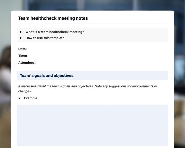 Team healtcheck meeting notes template in Craft showing instruction and the team's goals and objectives section with instructions.