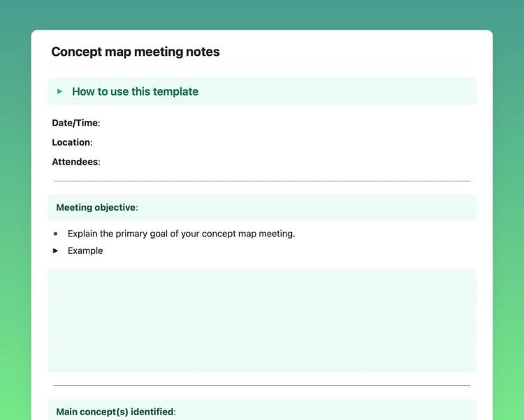 Concept map meeting notes template in Craft showing instructions, and the meeting objectives section.