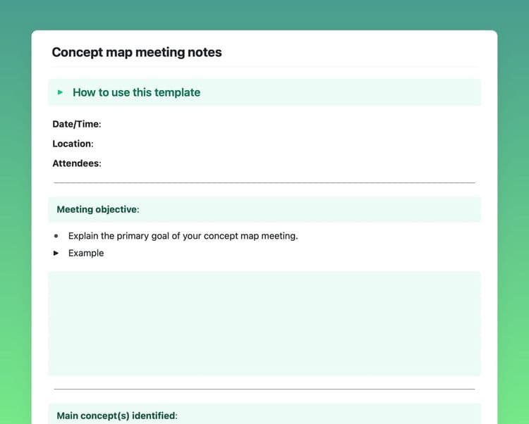 Craft Free Template: Concept map meeting notes template in Craft showing instructions, and the meeting objectives section.