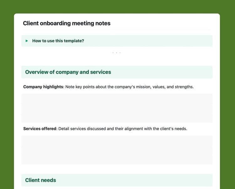 Client onboarding meeting notes template in Craft.