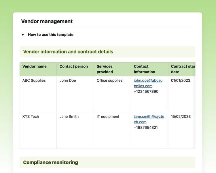 Vendor management template in Craft.