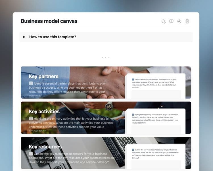 Business model template in Craft showing instructions and three sections.