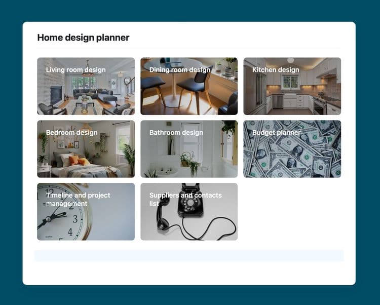 Home design planner template in Craft showing sections.