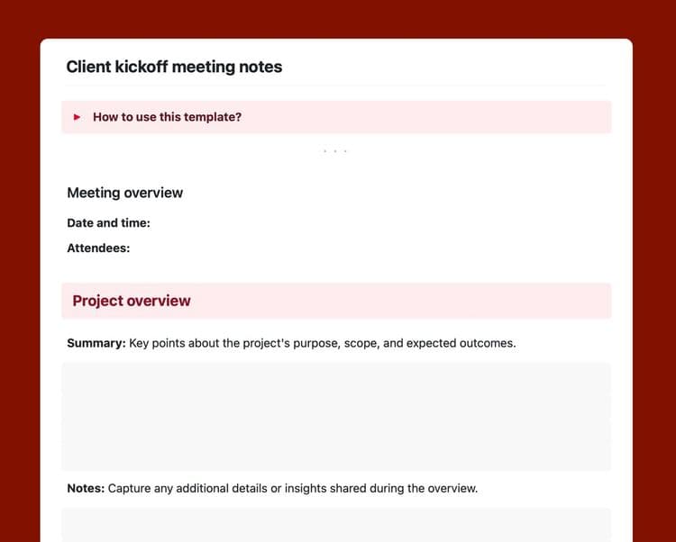 Client kickoff meeting notes template in Craft.