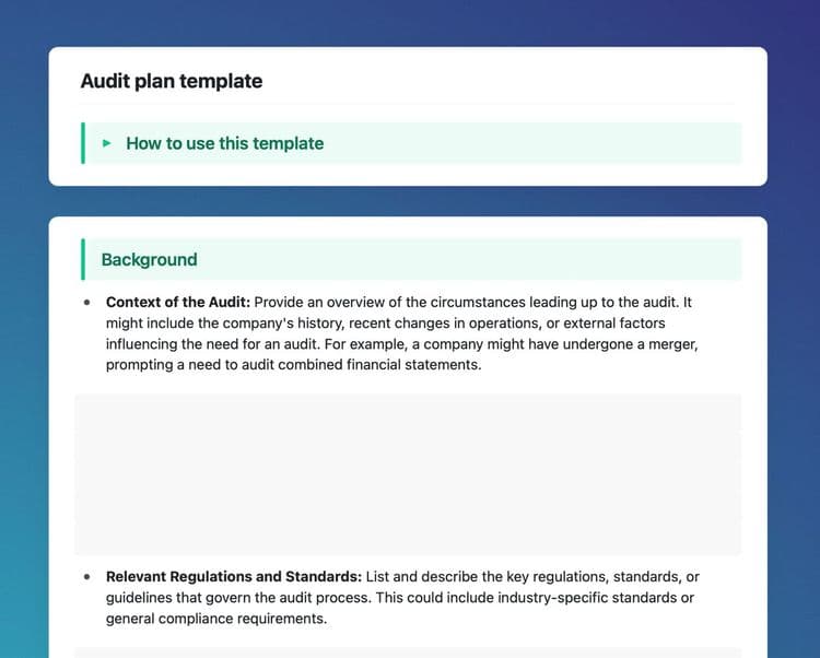 Audit plan template in Craft showing instructions and the background section.