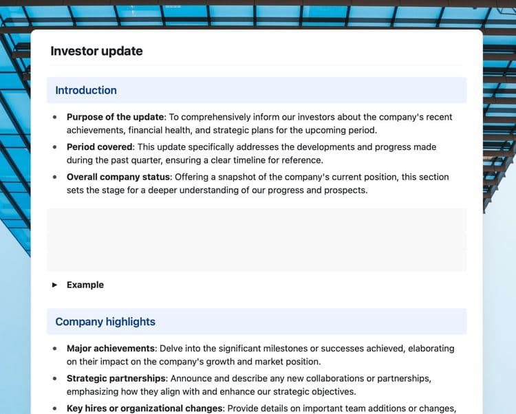 Craft Free Template: Investor update template in Craft showing an introduction and a company highlights section.