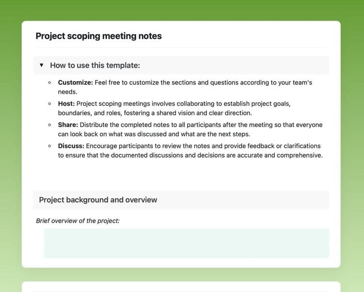 Craft Free Template: Project scoping meeting notes in Craft showing instructions, and the “project background and overview” section.