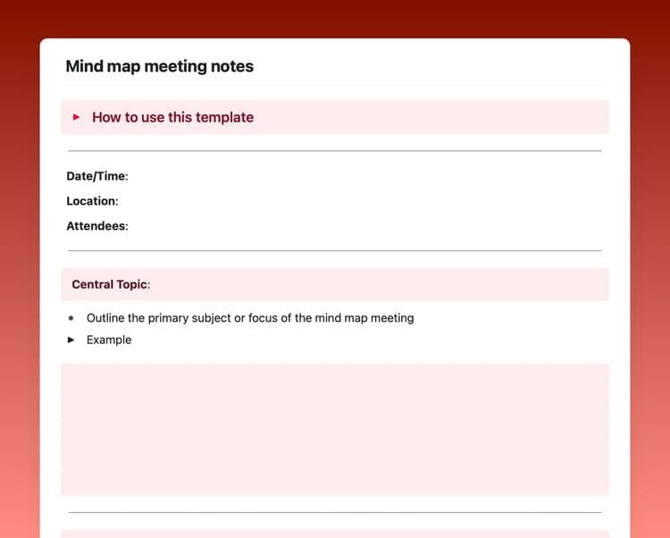 Craft Free Template: Mind map meeting notes template in Craft showing instructions, and central topic section.