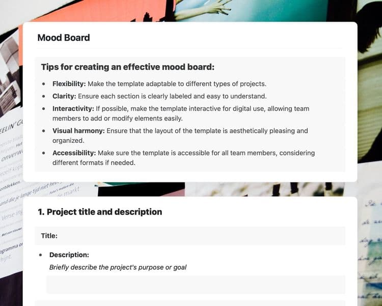 Craft Free Template: Mood board template in Craft showing instructions and project title and description section.
