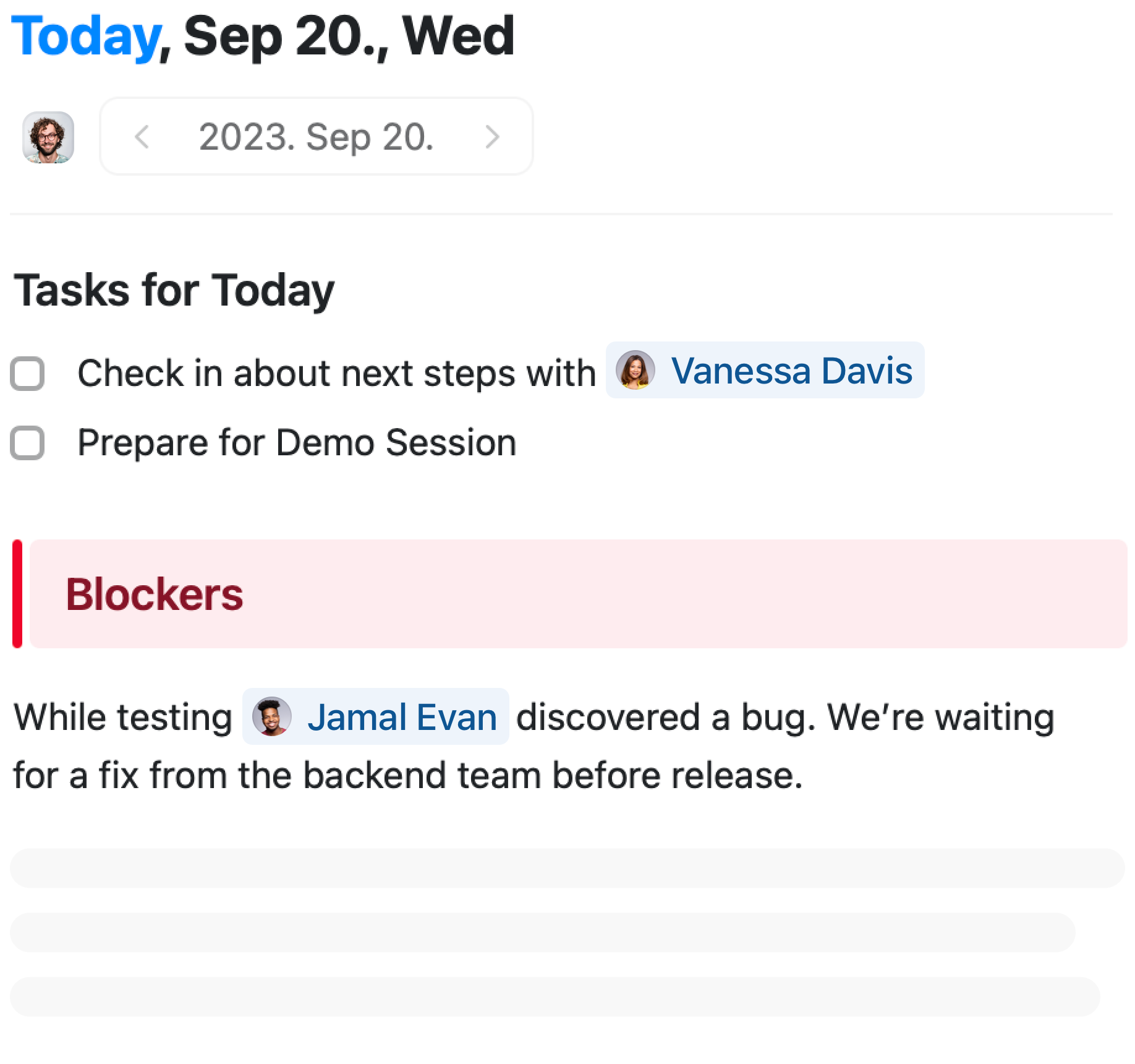 A team member sharing a daily update in Craft tasks and blockers for today