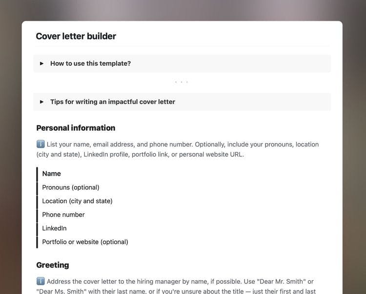 Cover letter builder template in Craft showing instructions, and personal information section.