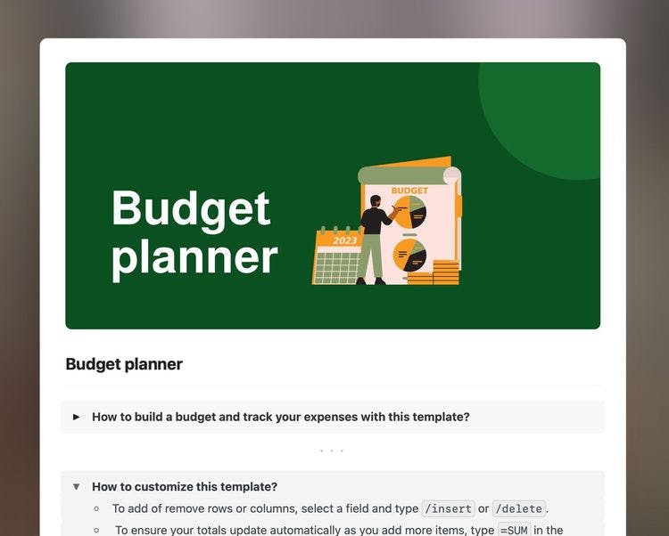 Budget planner template in Craft showing instructions.