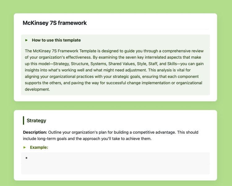 Mckinsey 7s framework template in craft showing instructions and the strategy section.