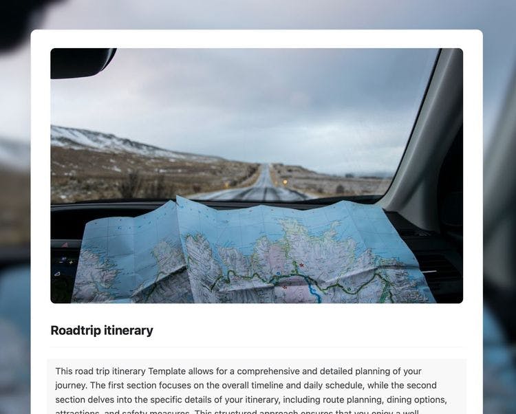 Roadtrip itinerary template in Craft showing instruction.